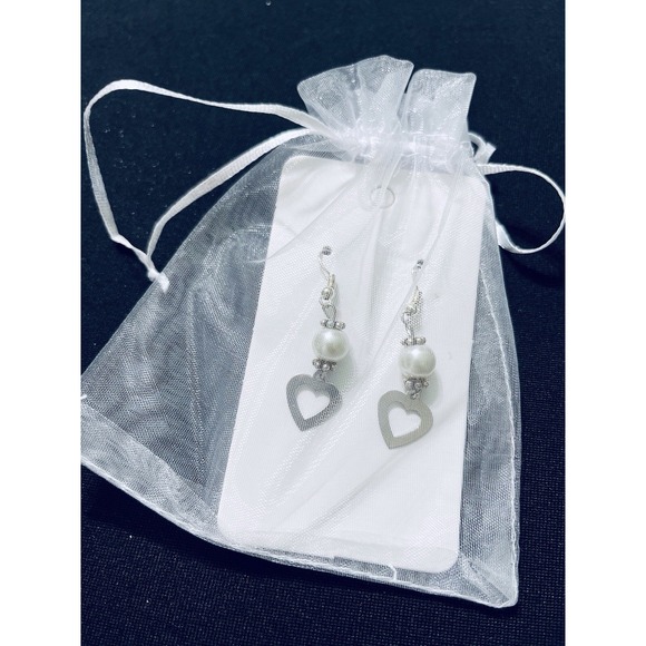 Handmade Jewelry - Earrings Heart Silver Tone White Bead Drop Hook Handmade Cottage Love Boho Chic